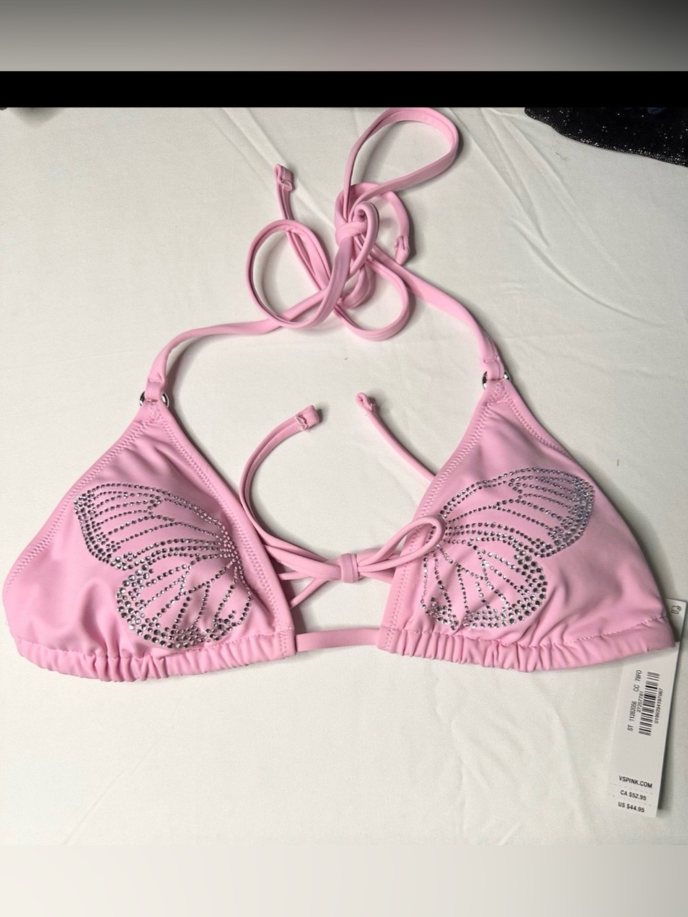 XS Pink Triangle Bikini Top with Rhinestone Butterfly Detail